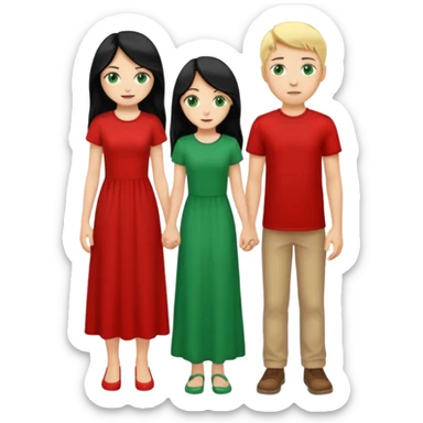 full-length couple, girl with long black hair and green eyes in red dress, boy with blonde hair in white t-shirt sticker