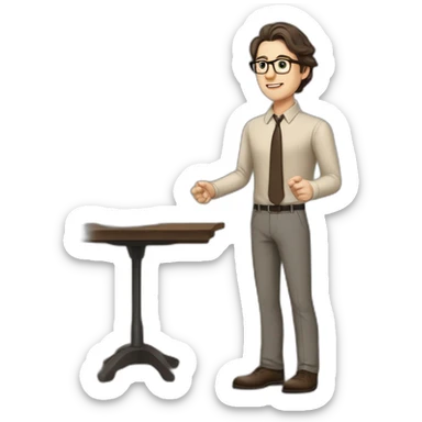 Full height Pale skinned fit man with dark brown hair in gray jacket, beige office shirt, brown tie, brown pants and vintage glasses. His right hand stretched out sticker