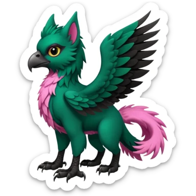 Dark-deep-Emerald-green gryphon-Trico-fusion-hybrid with a long tufted tail, black beak, pink accents, black claws, black tail, majestic, realistic, furry (full body) sticker
