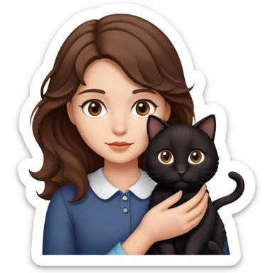 ragazza con i capelli mossi e castani occhi castani che tiene in braccio un gatto nero sticker