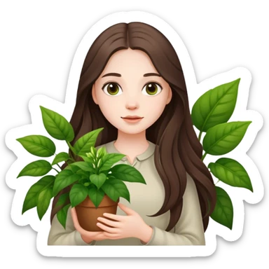 beautiful pale brunette girl with long hair holding plants  sticker