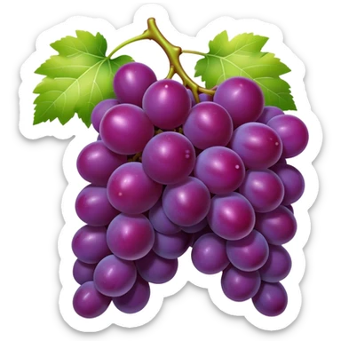 Cinematic Realistic Grapes Emoji, Clustered together in rich purple hues, with smooth, plump skins reflecting light in a glossy, delicate sheen. The stems curve slightly, holding the clusters together like a sweet, natural treasure. Soft glowing outline, capturing the essence of natural sweetness and richness in a bunch of ripe grapes! sticker