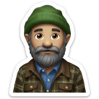 gnome with almost black beard, dark brown eyes, young, with a BLUE wool hat, brown boots and a green plaid shirt. The body should be cartoonish and not realistic. sticker