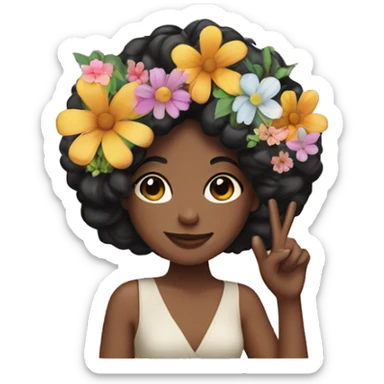 a black hair woman with a peace sign and flowers on her hair sticker