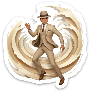 Ethereal male silhouette with suit jacket and hat, surrounded by flowing energy waves and subtle style elements, masculine fashion inspiration sticker
