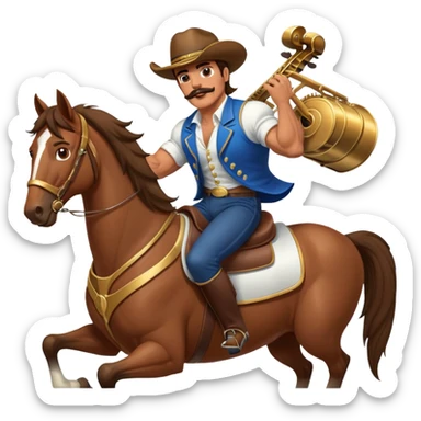 super jacked guy with a mustache and long hair playing the piano, but also riding a horse sticker