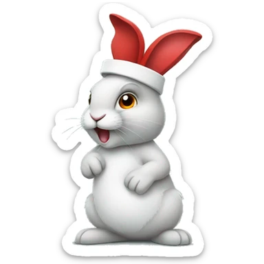 
A rabbit with a red headband makes a hole in one sticker