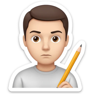 A head with a raised eyebrow, symbolizing doubt or evaluation, holding a pencil in hand. The expression represents assessment, attention to detail, and giving an opinion. Minimalist, modern design with a focus on the facial expression and pencil sticker