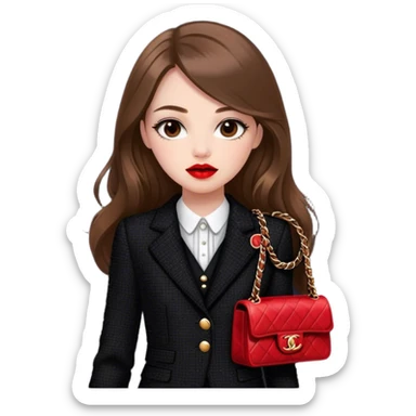 White girl with brown long hair dressed up in black chanel tweed suit with a red chanel bag and red lipstick. Close up sticker