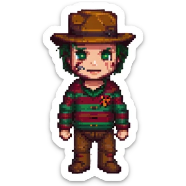 Freddy Krueger in pixel art style, chibi proportions, bright colors sticker
