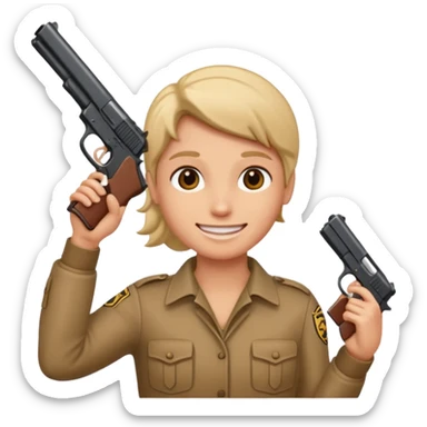 Smiling with gun next to head sticker