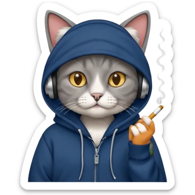 cat in headphones, in a dark-blue almost black oversized hoodie with a cigarette in his hand sticker