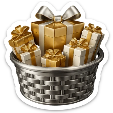 Make the gifts gold and white, keep the basket and everything else chrome in 3D metallic style, no background. sticker