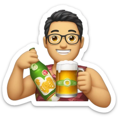 Japanese wearing roundglasses alohashirt is holding beer sticker