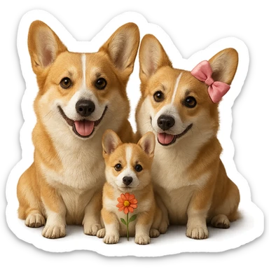 Make the corgi family a little bit more realistic while keeping the style cute. Set the background to transparent. The original style is a cute illustration style, please maintain that look while enhancing realism. sticker