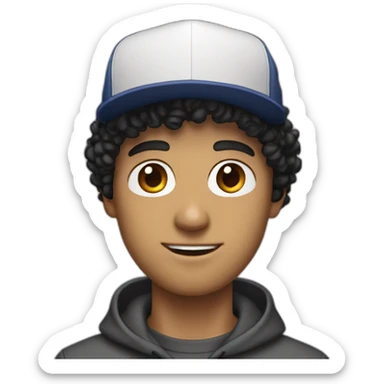 20yo Curly white man black hair with a MacBook and a ny cap sticker