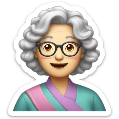Chinese senior  lady has wavy long  wavy hair wear glasses show appreciation signs sticker