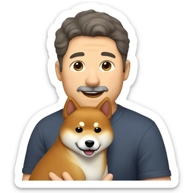 Shiba-inu cuddles middle age man with curly dark brown  hair without bear  sticker