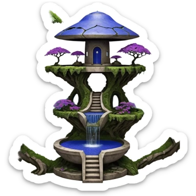 Alien saucer house jungle-vines unevenly precarious stairway fountain mountain-island landscape antique mudman very old broken cracked intricate Stone Age lapis-crusted irregular dodecagon-shaped shallow dark moss rough bark violet serissa flowered maple tree bonsai pot sticker