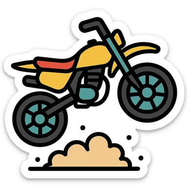 125cc dirtbike, jumping, with dust trail, energetic, icon, lineal color icon with black outlines sticker