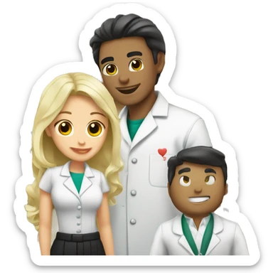 blonde female pharmacist and Italian male chemist with black hair in love sticker