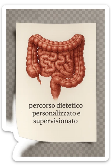 foglio di carta con intestino disegnato sopra e la scritta "percorso dietetico personalizzato e supervisionato", iperrealistico 4k sticker