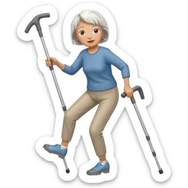 old woman with short hair, dressed with pants,  dancing with crutches sticker
