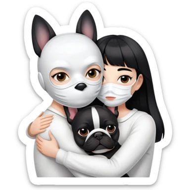 girl with short black straight bangs hair wearing a white mask and hugging one black French bulldoge  sticker