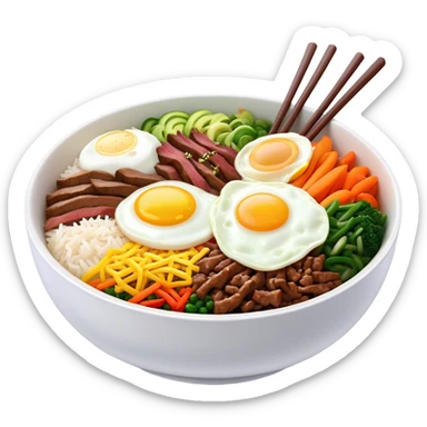 Cinematic Realistic Bibimbap Dish Emoji, showcasing a colorful bowl of mixed rice, assorted vegetables, beef, and a fried egg rendered with lifelike detail and vibrant, harmonious lighting. sticker