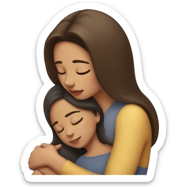A brunette in her 20s hugging a child version of herself with closed eyes sticker