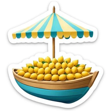 Mediterranean lemon stand by the sea, blue and white striped canopy
Fresh yellow lemons stacked, wooden boats and turquoise water background
Bright sunlight, Italian coastal summer vibe, vibrant colors sticker