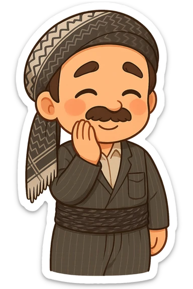 Cartoon sticker of a Kurdish man with the same clothes and scarf as the reference image, no changes to clothes or scarf, face showing a shy expression, one hand on the cheek, head slightly lowered, colorful and cheerful, no shadows or color halos around the image, no text, suitable for WhatsApp and Instagram, fully transparent background. sticker