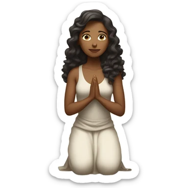 A woman kneeling praying, in a long dress, mid length curly dark brown hair sticker