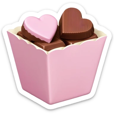 Two square milk chocolate , Each praline is a sharp-edged cube with smooth glossy chocolate coating, placed in a small white fluted paper candy cup. On top of each cube is a flat pastel pink heart-shaped icing sticker