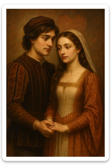 Romeo and Juliet as a romantic couple, classic Shakespearean attire, standing together, soft lighting, subtle heart motif, elegant and timeless style sticker