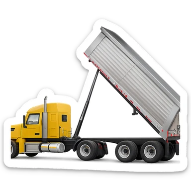 photorealistic yellow semi sleeper truck with a long silver end dump trailer, trailer raised in dumping position, side view, sharp details sticker
