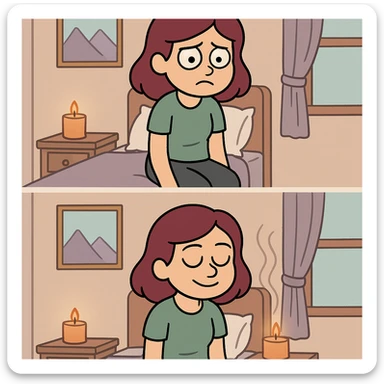a girl in a bedroom, looking sad, then smelling a scent like from a candle or diffuser, her mood changing to relaxed, flat toon style sticker