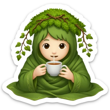 moss spirit bundled in vine blanket sipping night tea sticker