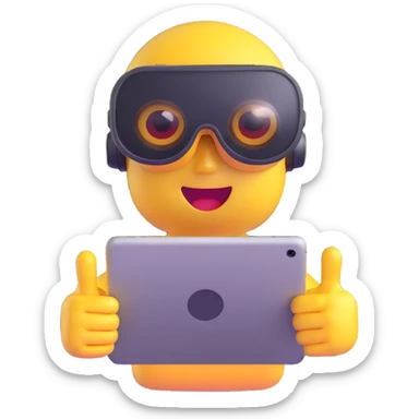 minimal modern 3D emoji character, VR goggles, digital tablet, lightbulb above head, expressive and curious eyes, glossy finish, symbolizing new media education pioneer sticker