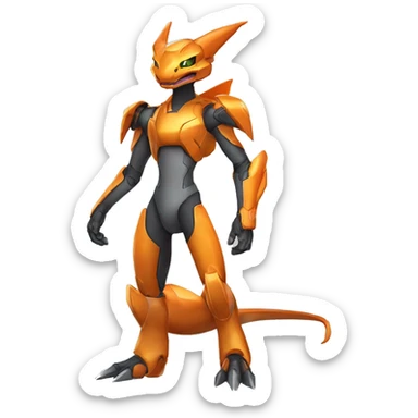 a shiny Genesect-Charizard-Raptor-Fakémon—hybrid with a futuristic visor-helmet full body sticker