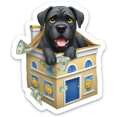 A Cane Corso buying a blue and gold house with money in his mouth. sticker