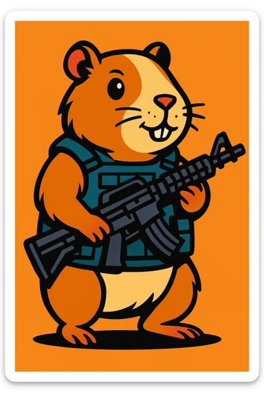 detailed cartoon of a guinea pig in tactical vest, holding a rifle, full body sticker