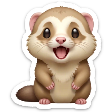 Cinematic Cute Yawning Ferret Portrait Emoji, Head tilted slightly with an exaggerated, wide-open yawn, showcasing a long, flexible body with a plush coat in soft brown and cream, droopy, drowsy eyes, and a relaxed expression, Simplified yet irresistibly endearing features, highly detailed, glowing with a soft, cozy natural glow, high shine, relaxed yet expressive, stylized with a dash of whimsical charm, soft glowing outline, capturing the essence of a sleepy yet affectionate ferret that seems ready to curl up for a nap! sticker
