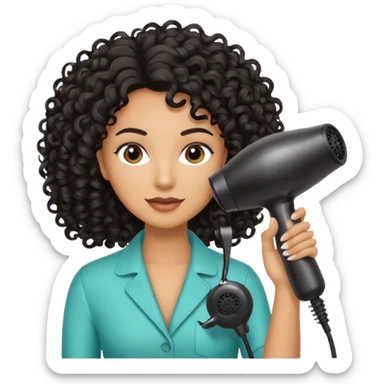 Parrucchiera con il phon in mano e la scritta coiffeur assunta capelli neri e ricci sticker