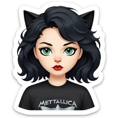 I want a jet black wavy hair bitmoji with cat eye type of eyes, full lips, small nose, fair skin wearing a Metallica shirt sticker