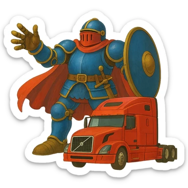Add color to Casper's knight armor and accessories in ghibli style, keep Casper the same size as the white semi truck, transparent background. sticker