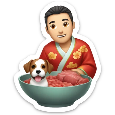 A man dressed in a traditional Chinese costume, holding a dog which is inside of a bowl of beef sticker