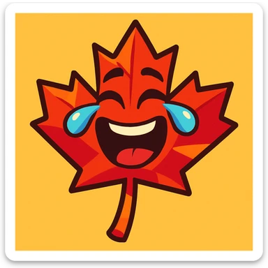 laughing maple leaf with tears coming out of eyes, vibrant toon style sticker