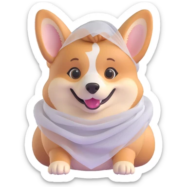 smiling female corgi with a soft veil, 3d emoji style, 20% realistic details in fur and face sticker