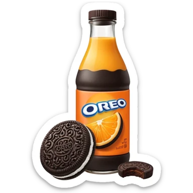 single Oreo cookie leaning against an orange juice bottle sticker